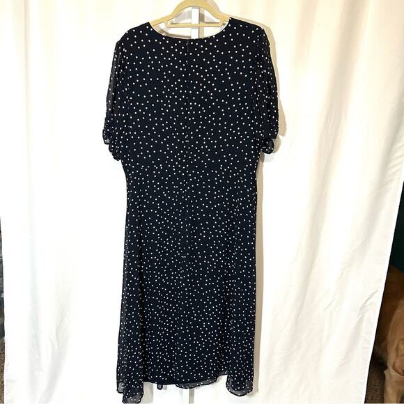 DKNY 18W Navy Blue Short Sleeve‎ Polka Dot V-neck Chiffon Midi Dress Church Work - Picture 5 of 7